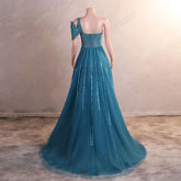 Sparkly Teal Maxi One Shoulder Formal Prom Evening Dress EN5811